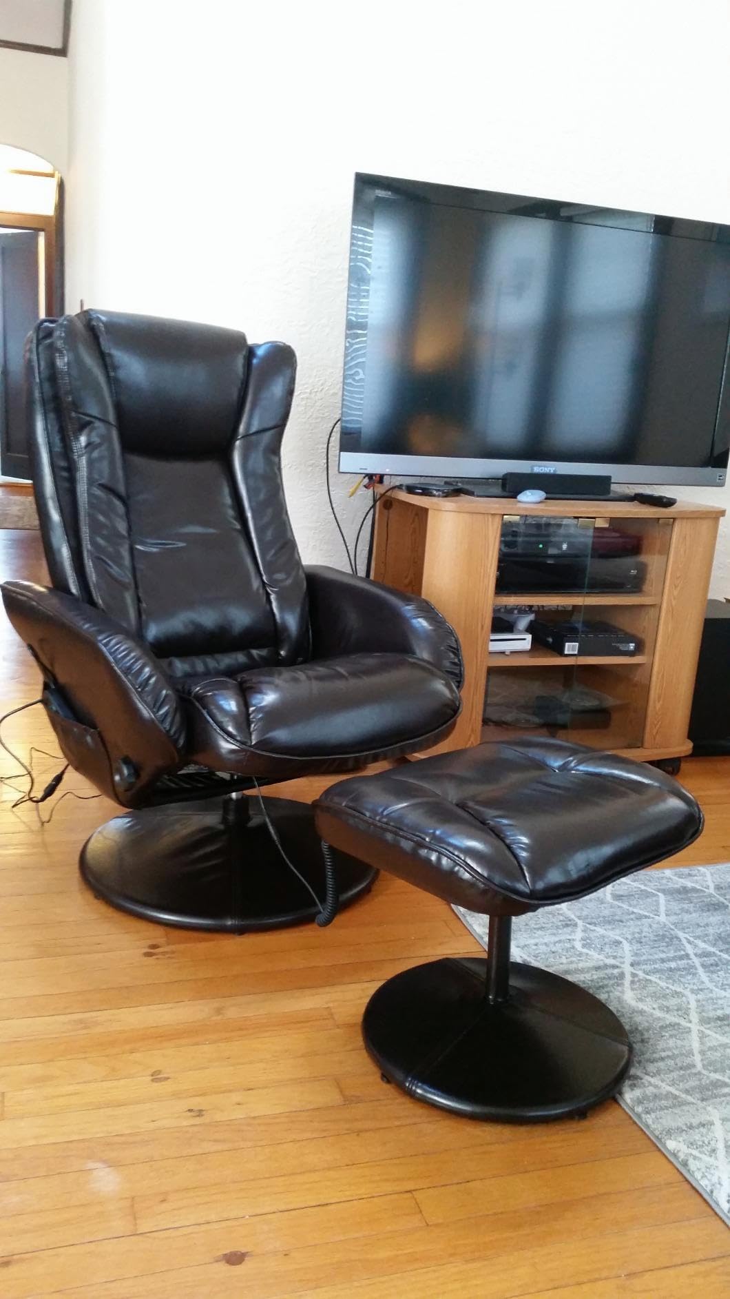 JC HOME Drammen Massaging Leather Recliner and Ottoman with Leather-Wrapped Base,Chocolate