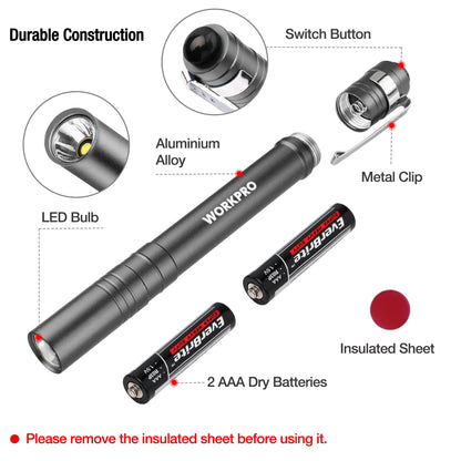 WORKPRO LED Pen Light, Aluminum Pen Flashlights, Pocket Flashlight with Clip for Inspection, Emergency, Everyday, 2AAA Batteries Include, Gray(4-Pack)