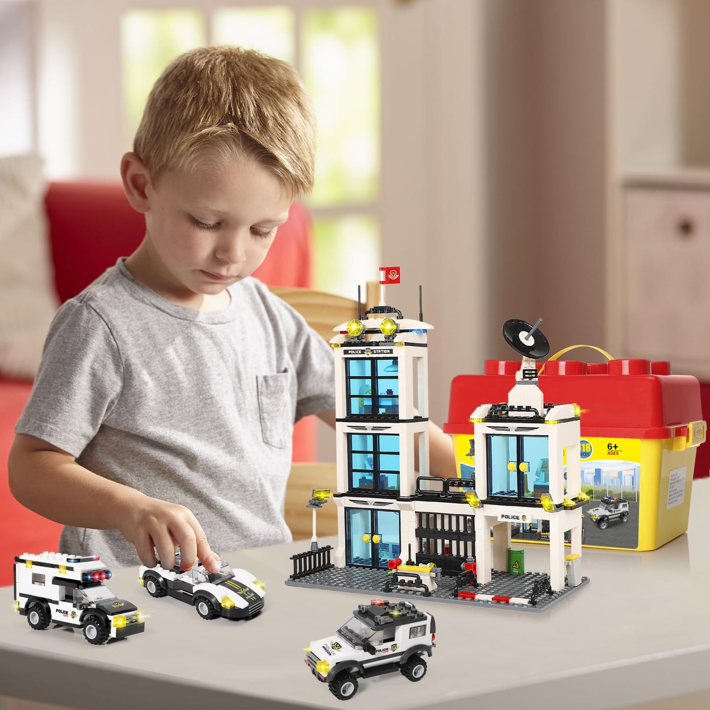 736 Pieces City Police Station & Car Building Blocks Set, with 3 Police Car Toy, Cop Patrol Car, Escort Vehicle, Prison Car, with Storage Box, City Sets Toy Bricks Kit, Gift for Boys Girls 6-12