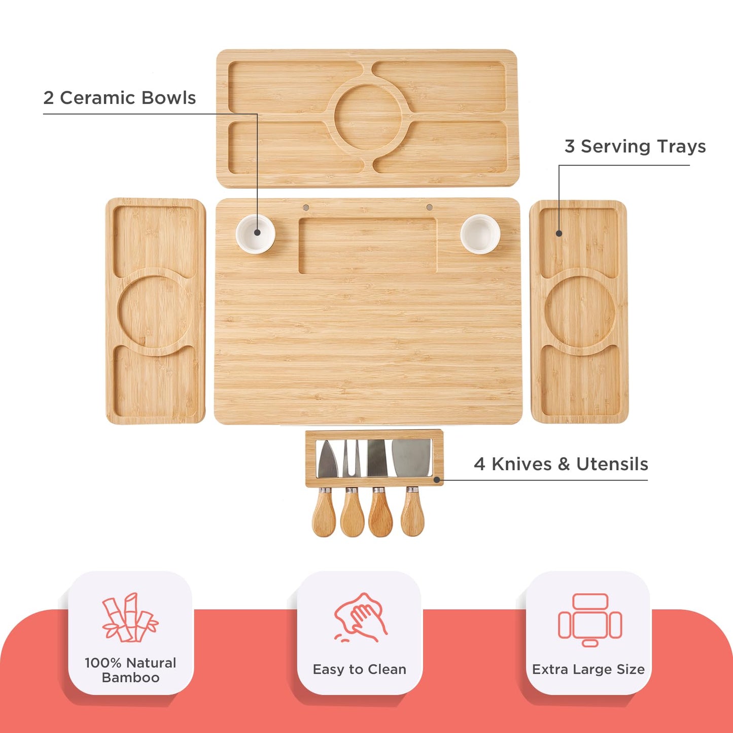 Bamboo Charcuterie Board Set with Knife and Bowl