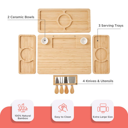 Bamboo Charcuterie Board Set with Knife and Bowl