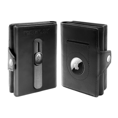 Wallet with Airtag Holder, Pop Up Card Holder and Cash Slot — Leather, Compatible with Apple Air Tag, RFID Blocking, Tri-fold Mens Wallet, Gift for Men (Black)
