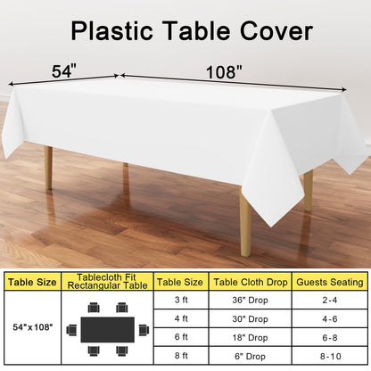 Smiry Disposable Table Cloth - 6 Pack, 54 x 108 Inch Table Cloths for Parties, Decorative Tablecloths for Rectangle Tables, Waterproof Plastic Table Cover, Leakproof & Sturdy, White