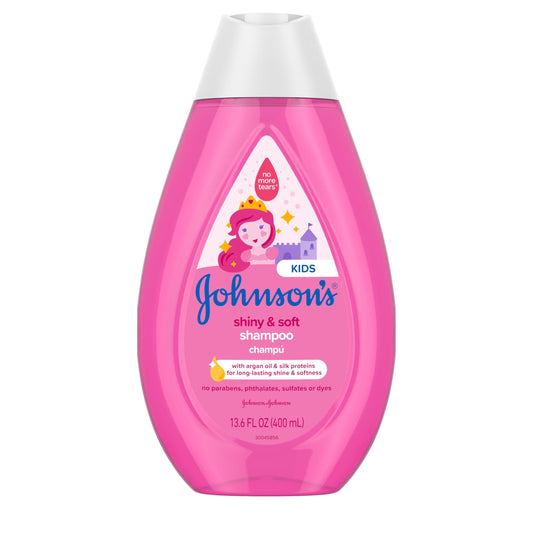 Johnson's Kids Shiny & Soft Tear-Free Kids' Shampoo with Argan Oil & Silk Proteins, Hair Wash Gently Cleanses & Boosts Natural Shine & Softness, Hypoallergenic, Sulfate-Free, 13.6 fl. oz