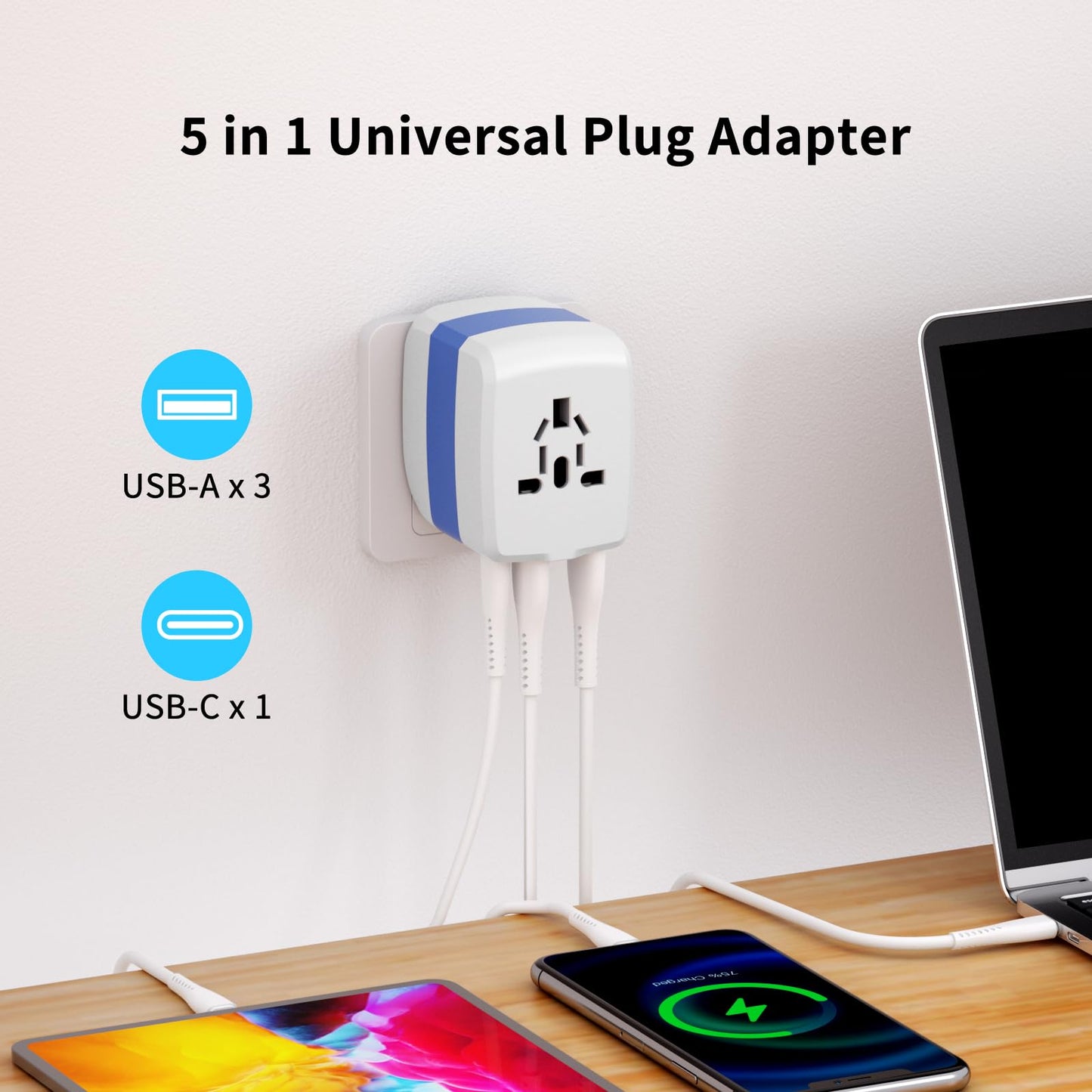 Universal Travel Adapter,International Plug Adapter,WAUDM All in One Universal USB Travel Power Adapter with 3 USB Port and Type-C for Multi-Nation Travel US EU UK Australia