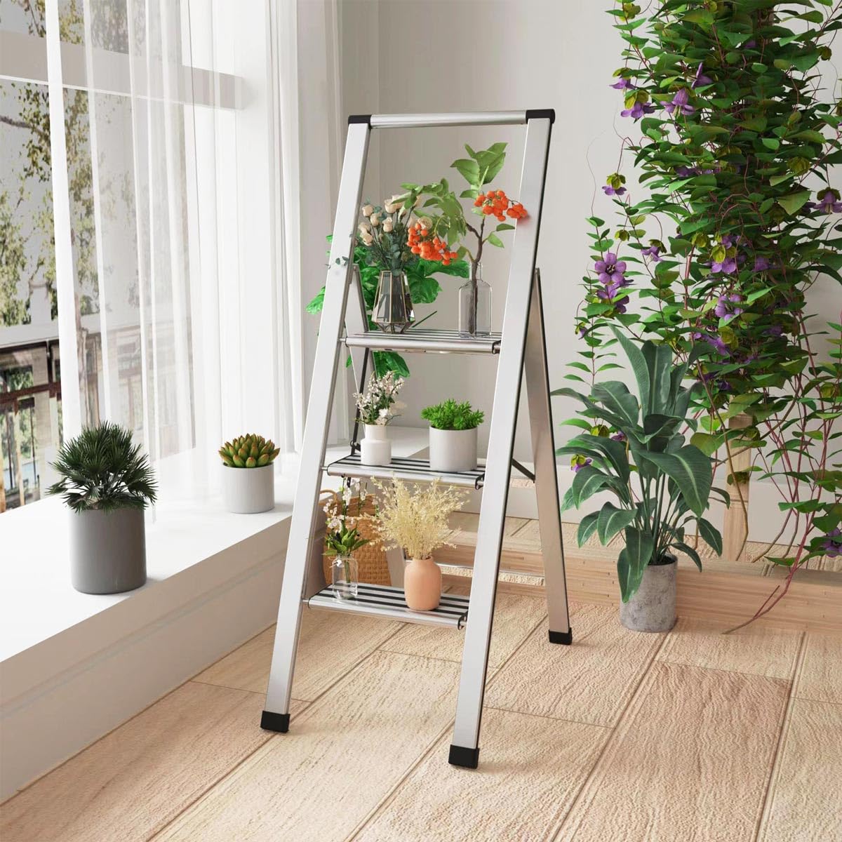 Step Ladder 3 Step Folding Aluminum Small Step Stool with Handle for Kitchen Closet, 4Ft Foldable Steping Stool for Adults Seniors, Wide Anti Slip Pedal, 300lbs Lightweight Portable Ladders for Home
