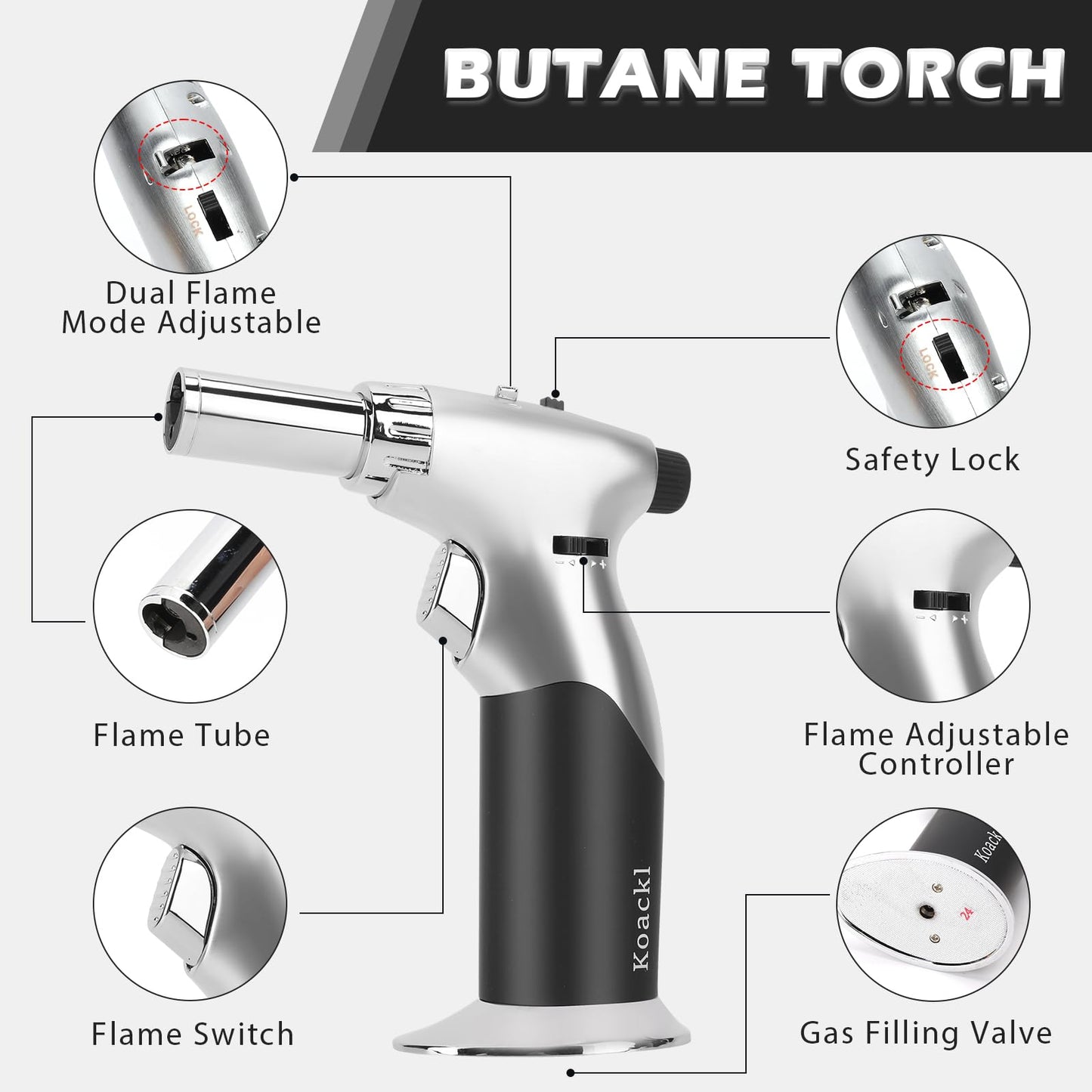 Koackl Dual Flame Mode Butane Torch Lighter, Refillable Luxury Kitchen Torch with Adjustable Flame with Ignition Lock for Welding, Resin Art, Cooking- Platinum and Black(Butane Gas Not Included)