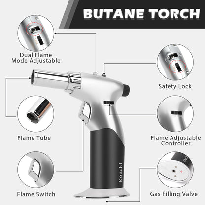 Koackl Dual Flame Mode Butane Torch Lighter, Refillable Luxury Kitchen Torch with Adjustable Flame with Ignition Lock for Welding, Resin Art, Cooking- Platinum and Black(Butane Gas Not Included)