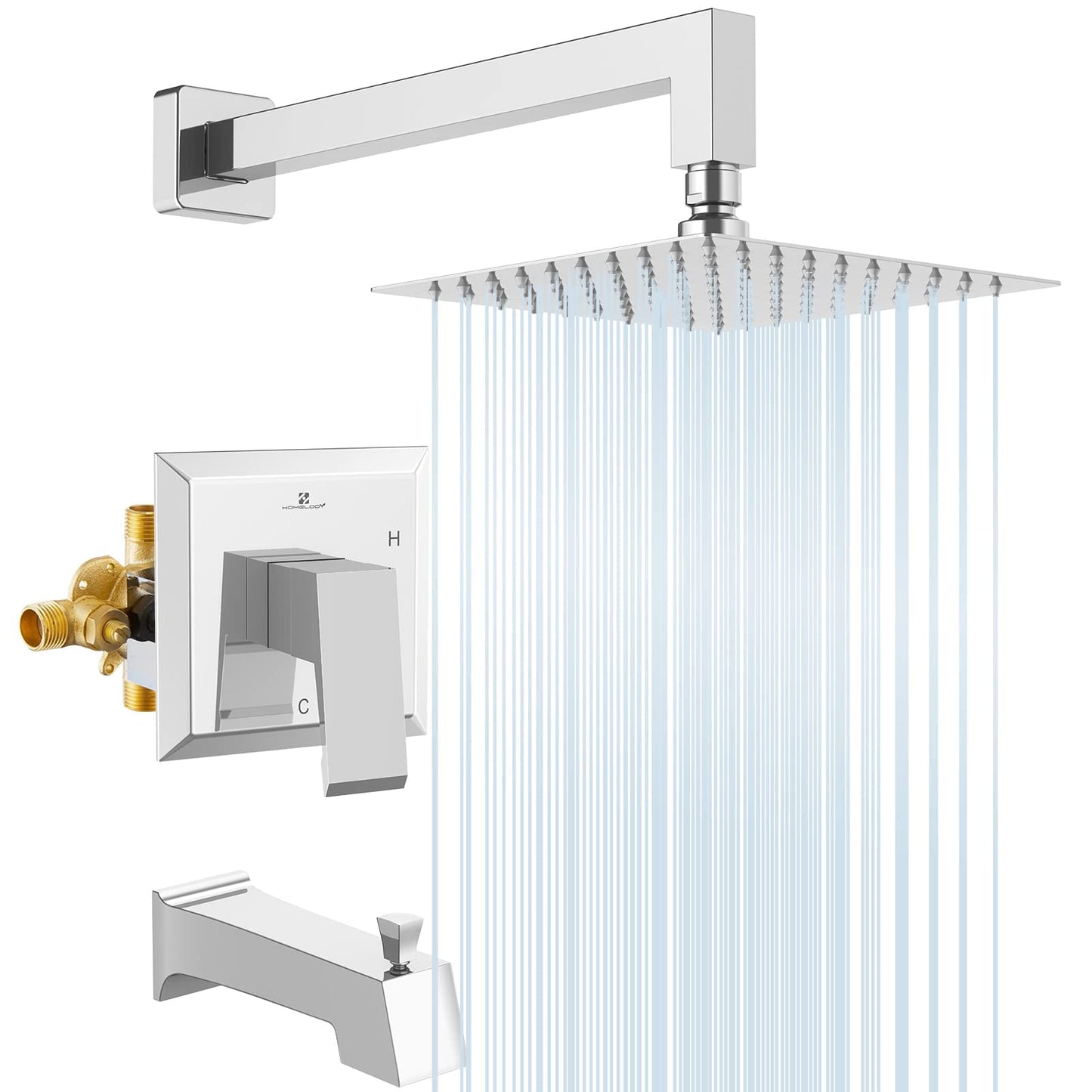HOMELODY Chrome Shower Faucet Set Bathroom High Pressure Square Rain Shower Head and Handle Set, Wall Mounted Luxury Rainfall Shower Complete Combo Set, Shower Fixtures (Contain Shower Valve)