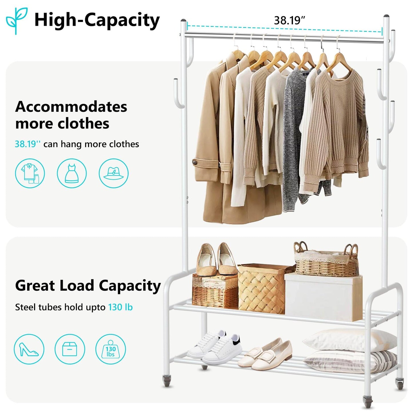 VICERII Heavy Duty Rolling Clothes Rack with Shelves