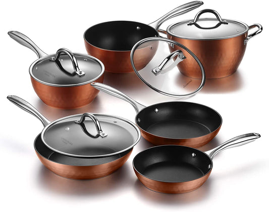 All in One Pan 10-Piece Non Toxic Cookware Set,Non Stick Pots and Pans with Diamond-Infused Coating, Includes Induction Safe Aluminium Kitchen Pans and Pots Set with Glass Lids