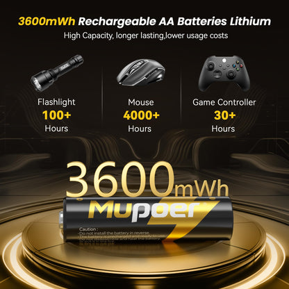 2 Pack Rechargeable AA Lithium Batteries Mupoer