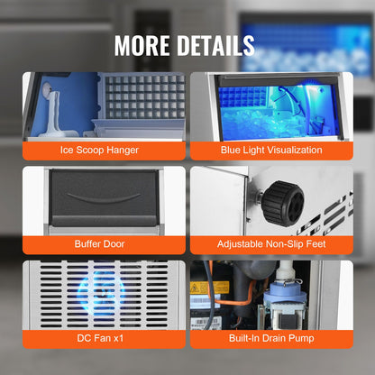 VEVOR Commercial Ice Maker Machine, 150lbs/24H Ice Maker Machine with 33lbs Storage Capacity, 70 Ice Cubes in 12-15 Minutes, Built in Electric Drain Pump Ice Maker for Bar Home Office Restaurant