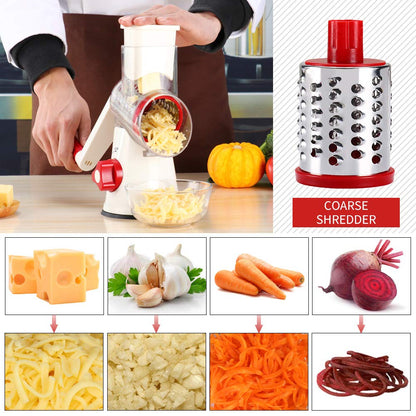 Cambom Rotary Cheese Grater Hand Crank Cheese Shredder for Fresh Cheese, Vegetable, Nuts,Non-slip Suction Base, Free Cleaning Brush Three Blades,Red White