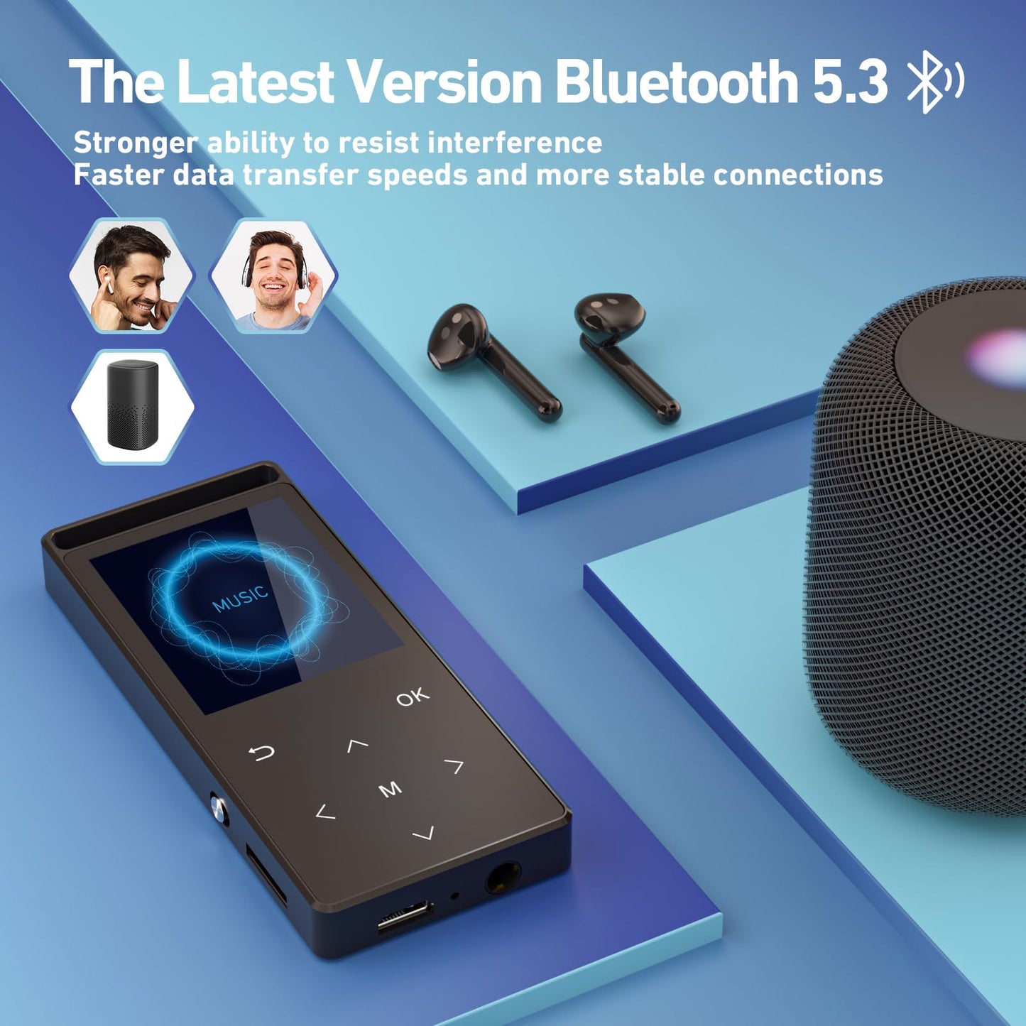 MP3 Player, 128GB MP3 Player Bluetooth 5.3, Built-in Speaker to Restore High-Fidelity Sound Quality, with FM, One-Click Recording, Wire Controlled Headset, Easy to Carry, for Sports