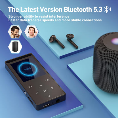 MP3 Player, 128GB MP3 Player Bluetooth 5.3, Built-in Speaker to Restore High-Fidelity Sound Quality, with FM, One-Click Recording, Wire Controlled Headset, Easy to Carry, for Sports