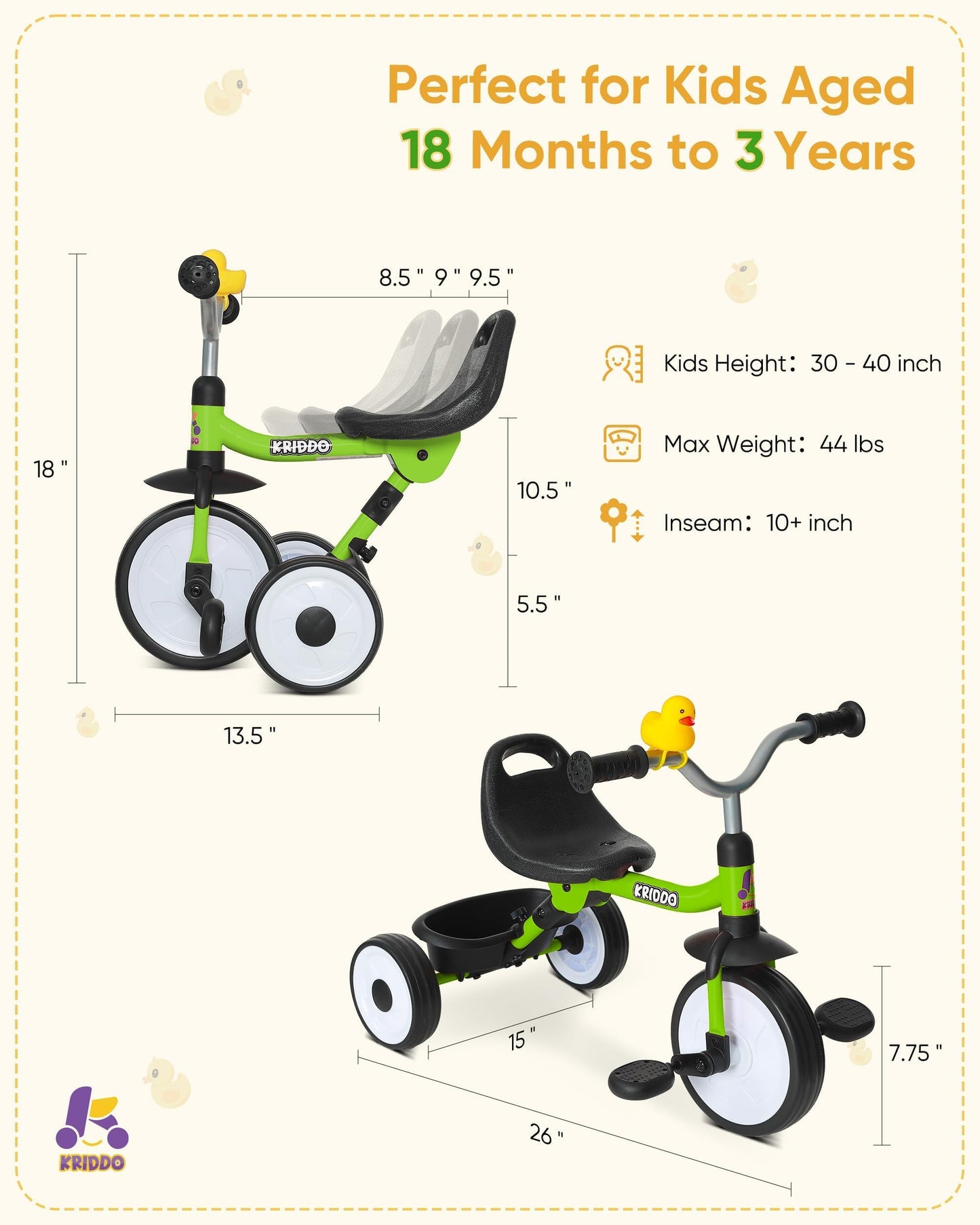KRIDDO Kids Foldable Tricycle with Storage Basket