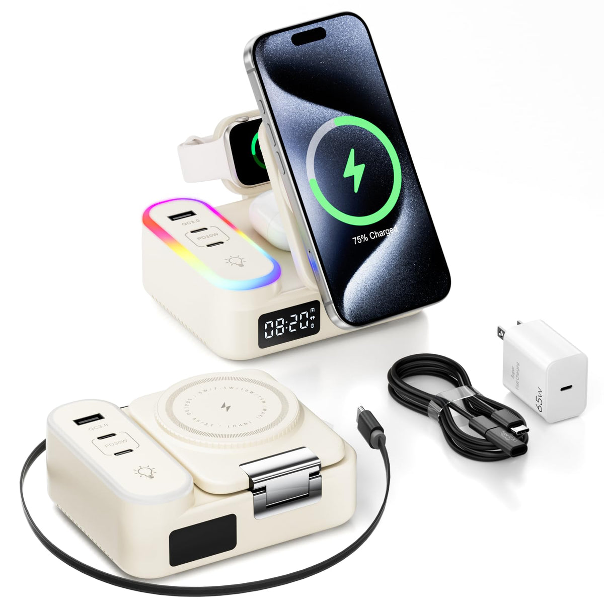 8-in-1 Foldable Wireless Charging Station with Clock