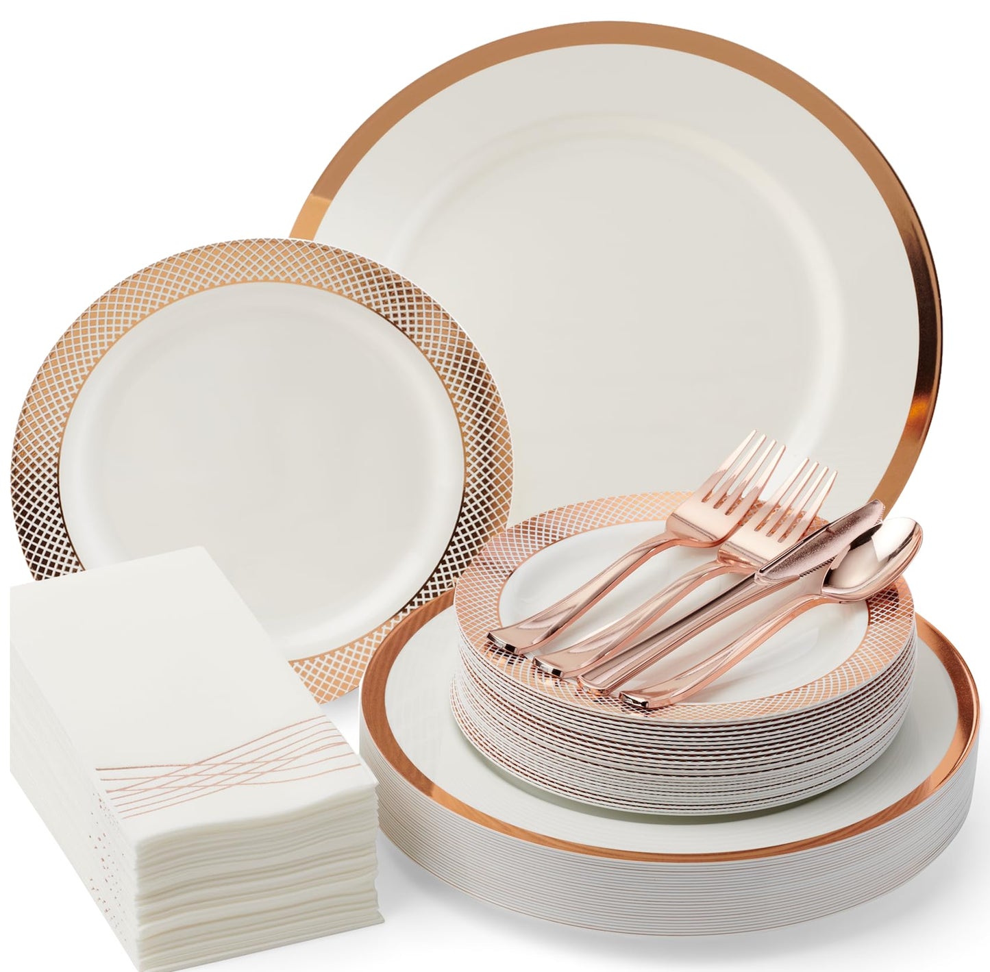 By Madee HEAVYWEIGHT 175 Pcs Rose Gold Dinnerware Set 25 for 25 Guests | Rose Gold Plates and Napkins Party Supplies | Elegant Plastic Plates | Fancy Disposable Dinnerware Set