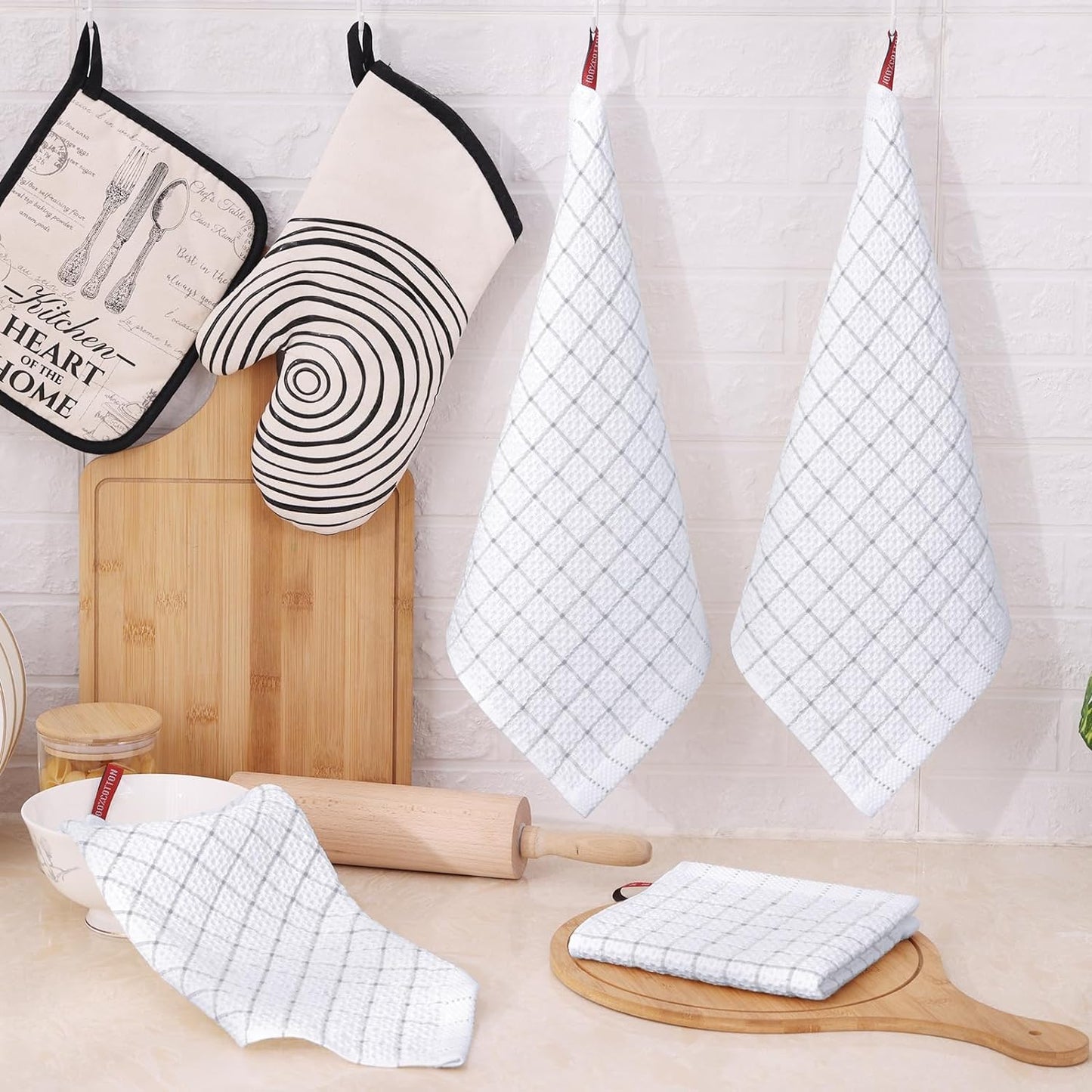 Fintale 100% Cotton Dish Cloths - Soft, Super Absorbent and Lint Free Dish Towels for Kitchen - Good for Drying and Washing Dishes - 8 Pack (Lattice Designed, Light Grey) - 12 x 12 Inches