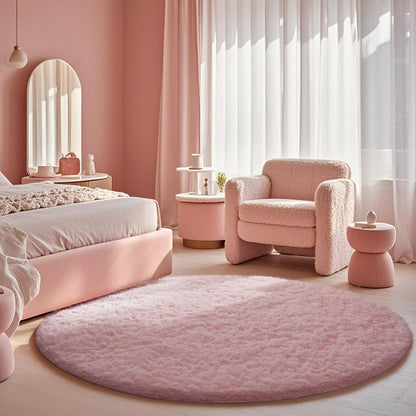 Pink Round Fluffy Area Rug for Kids Room