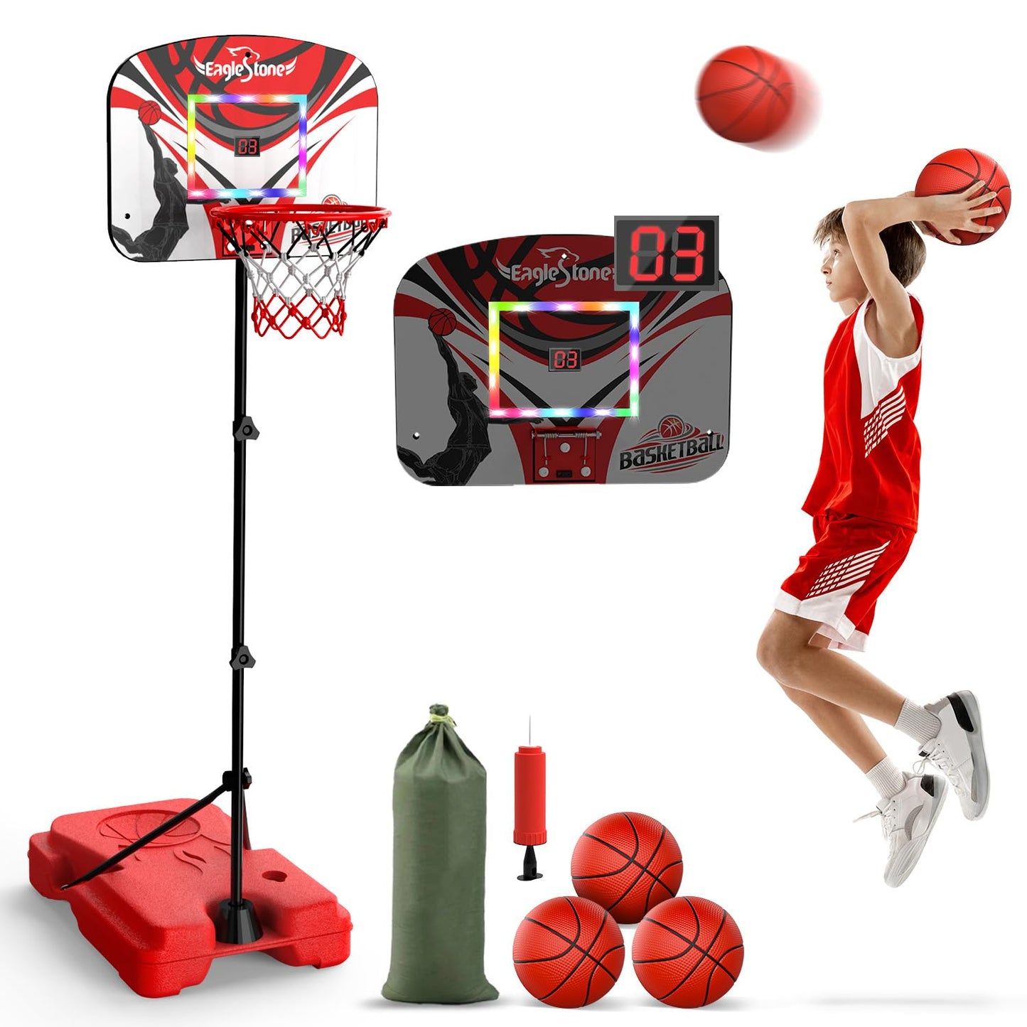 Eaglestone Kid Basketball Hoop Toddlers with LED Lights & Scoreboard, Basketball Hoop Adjustable Height 2.9ft-6ft, Mini Hoop Outdoor with 3 Balls,Basketball Toy Gifts for 3-12 Year Old Boys Girls