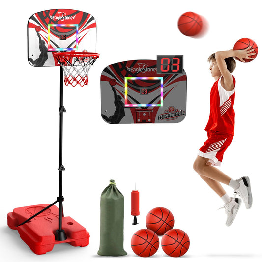 Eaglestone Kid Basketball Hoop Toddlers with LED Lights & Scoreboard, Basketball Hoop Adjustable Height 2.9ft-6ft, Mini Hoop Outdoor with 3 Balls,Basketball Toy Gifts for 3-12 Year Old Boys Girls