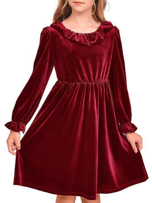 Girls Long Sleeve Velvet Ruffle Dress 5-14 Years