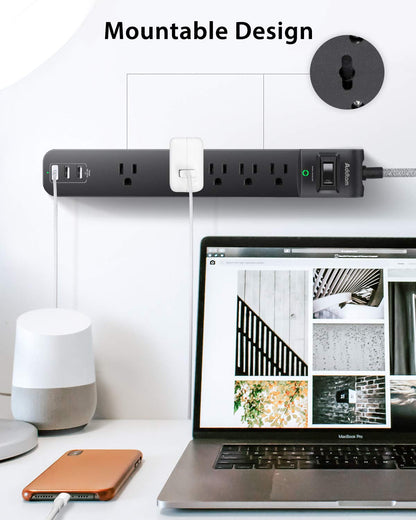 Extension Cord 15 ft - Long Power Strip Surge Protector, Flat Plug, Overload Surge Protection, 5 Outlets 3 USB Charging Ports, Multi Plug Outlet Extender for Indoor Home Office Dorm Room Essentials