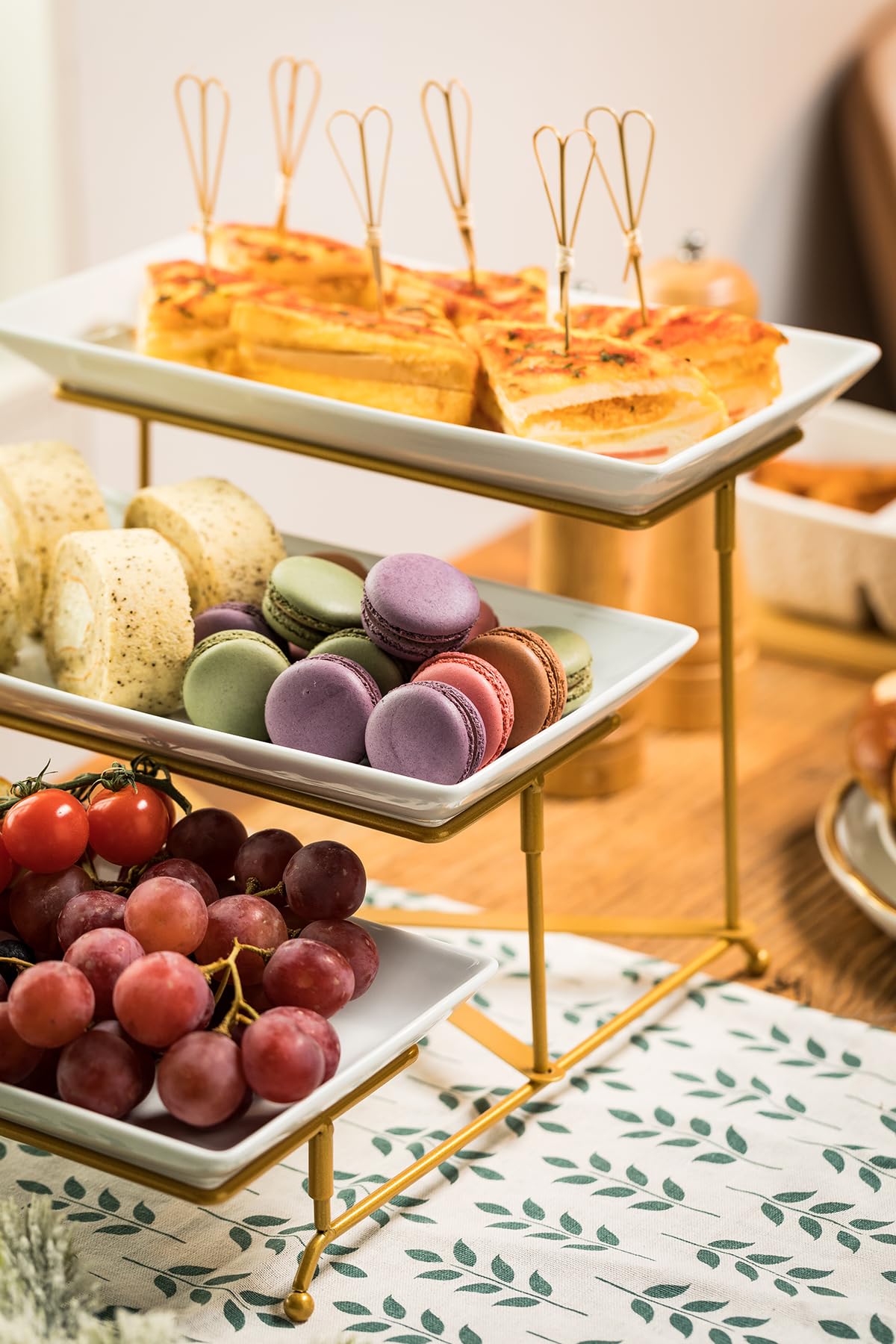 LAUCHUH 3 Tier Serving Stand Porcelain Serving Platter Tier Serving Trays with Collapsible Sturdier Rack, Serving Dishes and Platters for Father's Day, Christmas, Entertaining, Gold, 12 Inch