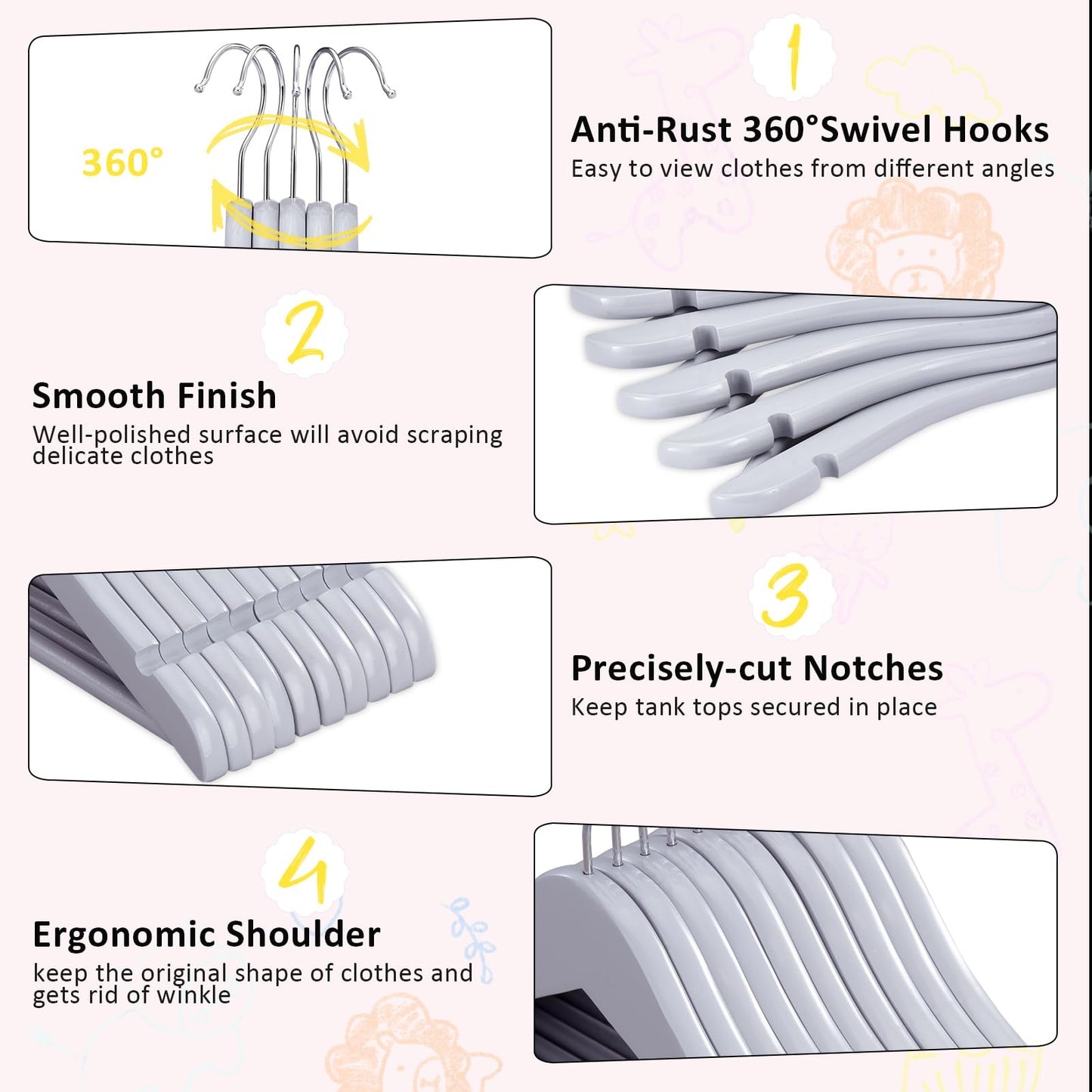 FairyHaus Kids Wooden Hangers 20Pack Grey, 12.8 Inch Baby Wooden Hangers for Closet, Anti-Rust 360° Swivel Hook, Notches & Smooth Finish, Natural Solid Wood Childrens Hangers for Clothes