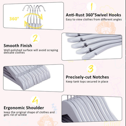 FairyHaus Kids Wooden Hangers 20Pack Grey, 12.8 Inch Baby Wooden Hangers for Closet, Anti-Rust 360° Swivel Hook, Notches & Smooth Finish, Natural Solid Wood Childrens Hangers for Clothes
