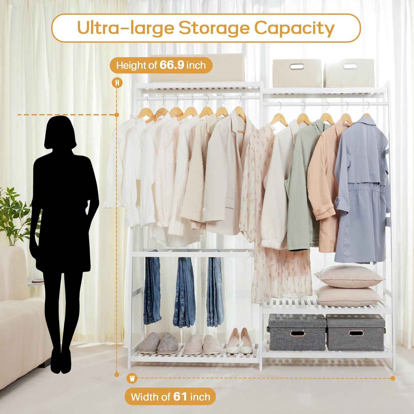 Bamboo Clothes Rack with 6 Shelves, Heavy Duty