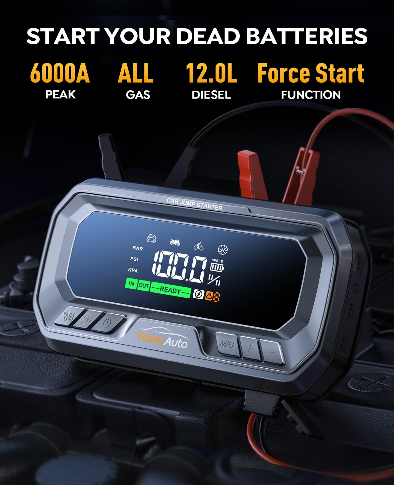 YaberAuto Portable Car Jump Starter with Air Compressor 160PSI, 6000A 65W Charging Car Battery Jump Starter Battery Pack (All Gas/12L Diesel) Jump Box Car Battery Jumper Starter Portable, 600lm Lights