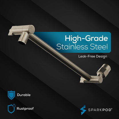 SparkPod Square Rain Shower Head with Shower Head Extension Arm - High Pressure Rain - Luxury Modern Look - No Hassle Tool-less 1-Min Installation (11" Shower Arm Extension, Elegant Brushed Nickel)