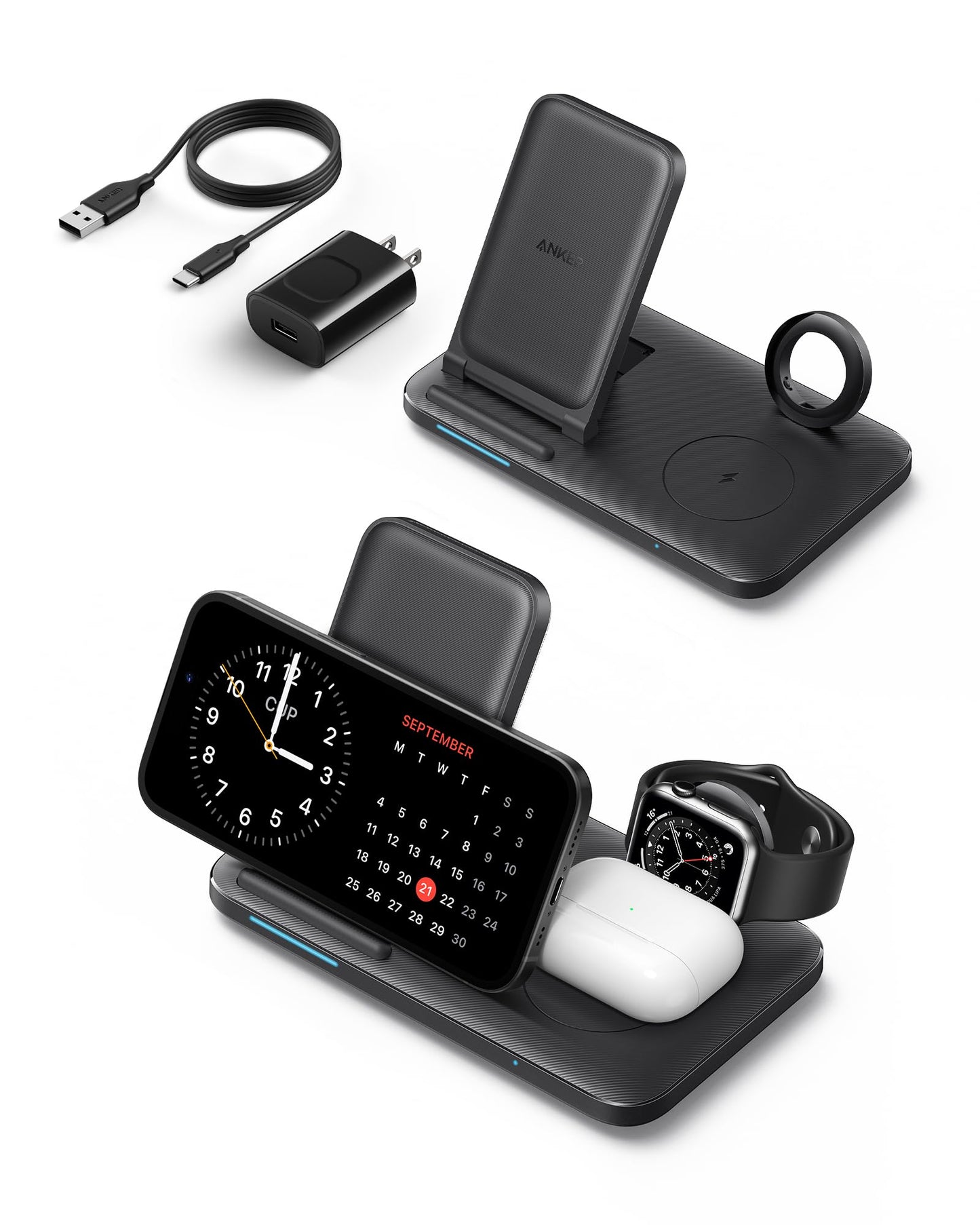 Anker Foldable 3-in-1 Wireless Charging Station with Adapter, 335 Wireless Charger, for iPhone 15/14, AirPods Pro, Apple Watch Series 1-6 (Works with Original 1m/3.3ft USB-A Cable, Not Included)
