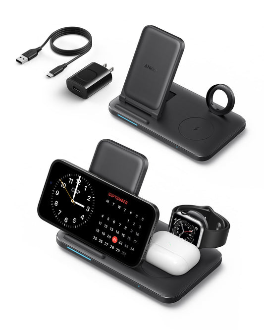 Anker Foldable 3-in-1 Wireless Charging Station with Adapter, 335 Wireless Charger, for iPhone 15/14, AirPods Pro, Apple Watch Series 1-6 (Works with Original 1m/3.3ft USB-A Cable, Not Included)