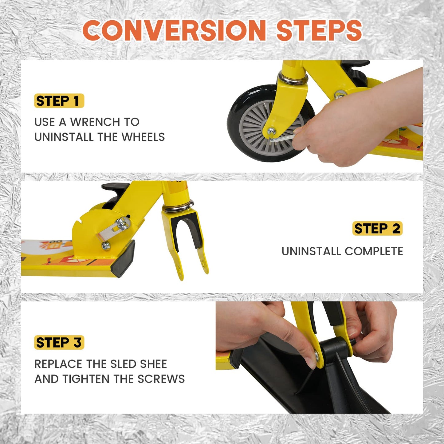 FunWater 2-in-1 Kids Kick Scooter, Snow Sled Kick Scooter Conversion Kit, Foldable Body, Light Weight, Adjustable Height Handle, Toddler Scooter for Kids