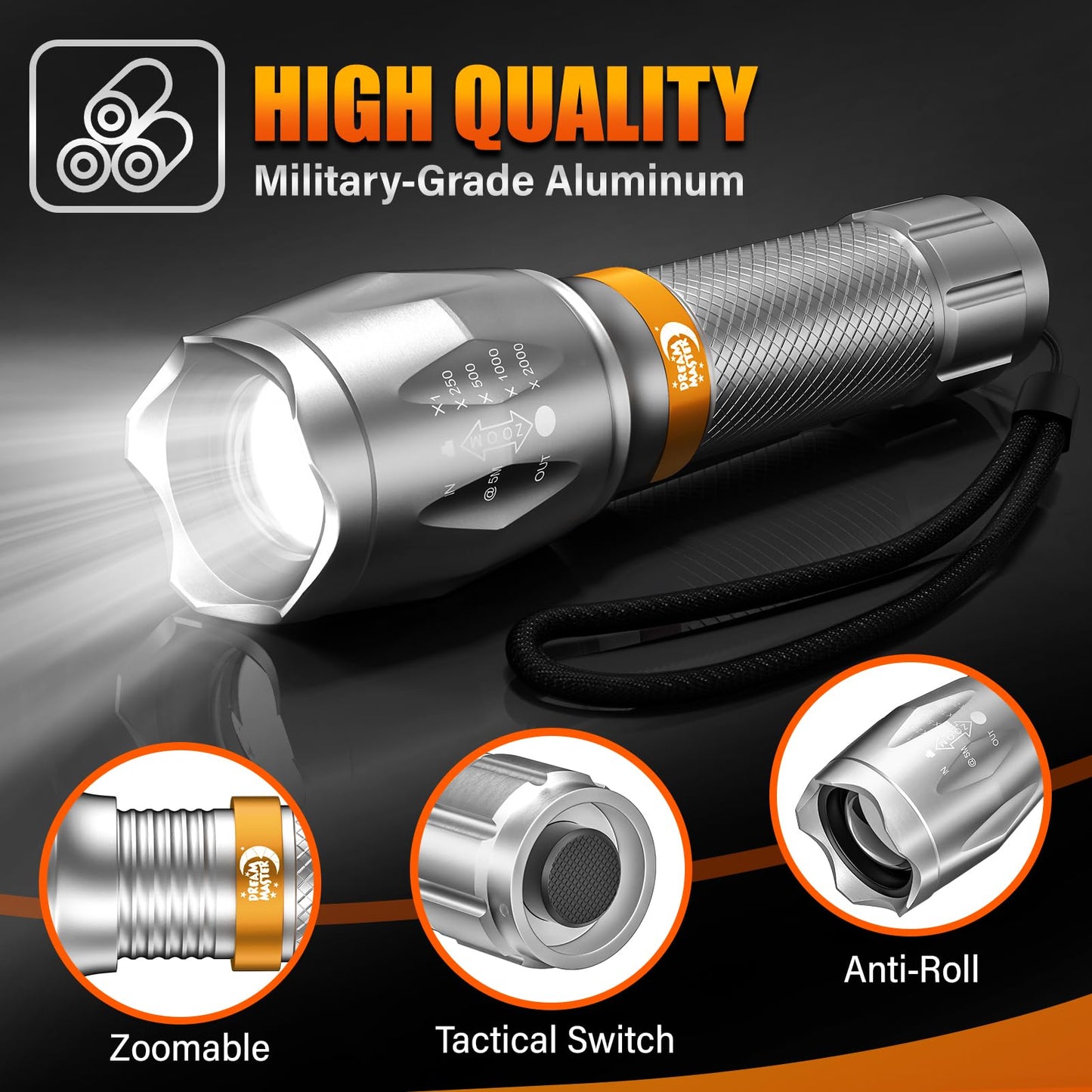 2 Pack LED Flashlights High Lumens with 6 AAA Batteries, 5 Modes Mini Waterproof Tactical Flashlight for Camping Hiking, Bright Flashlight with Zoomable, Fathers Day Dad Gifts for Men, Silver & Orange