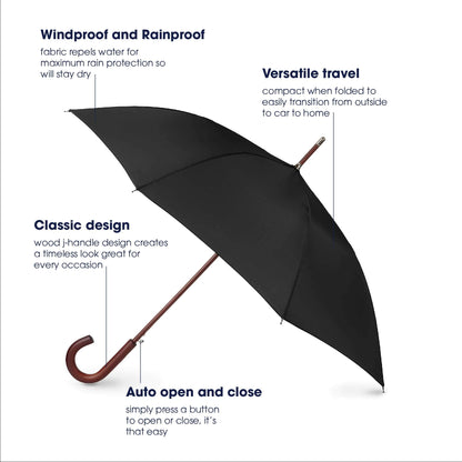 Totes Auto Open Black J Stick Umbrella
