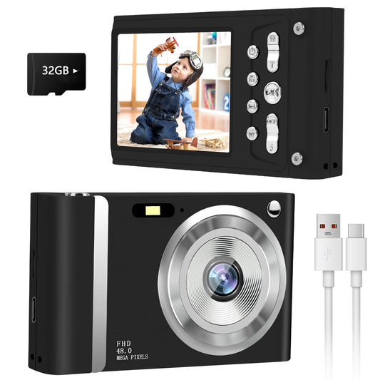 Digital Camera, FHD 1080P Kids Camera with 32GB Card, Digital Point and Shoot Cameras with 16X Zoom Anti Shake, 48MP 2.8 Inch LCD Screen, Gift for Teens Boys Girls