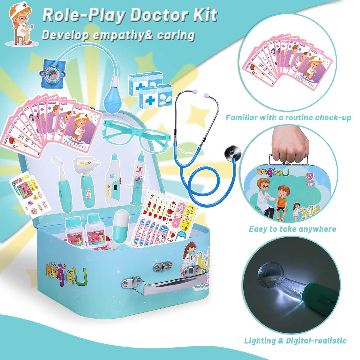 Magic4U Kids Doctor Costume Kit with Real Working Stethoscope and Carry Case, 34 Pieces Pretend-n-Play Realistic Medical Dr Toys for Toddler Boys Girls