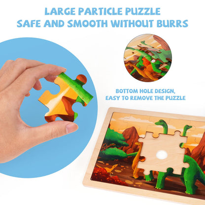 AXEARTE Wooden Puzzles for Kids Ages 3-5, 4 Packs 24 PCs Jigsaw Puzzles Montessori Toys, Dinosaur, Zoo, Sea Animals Wood Brain Teasers Boards Educational Toys for Boys and Girls