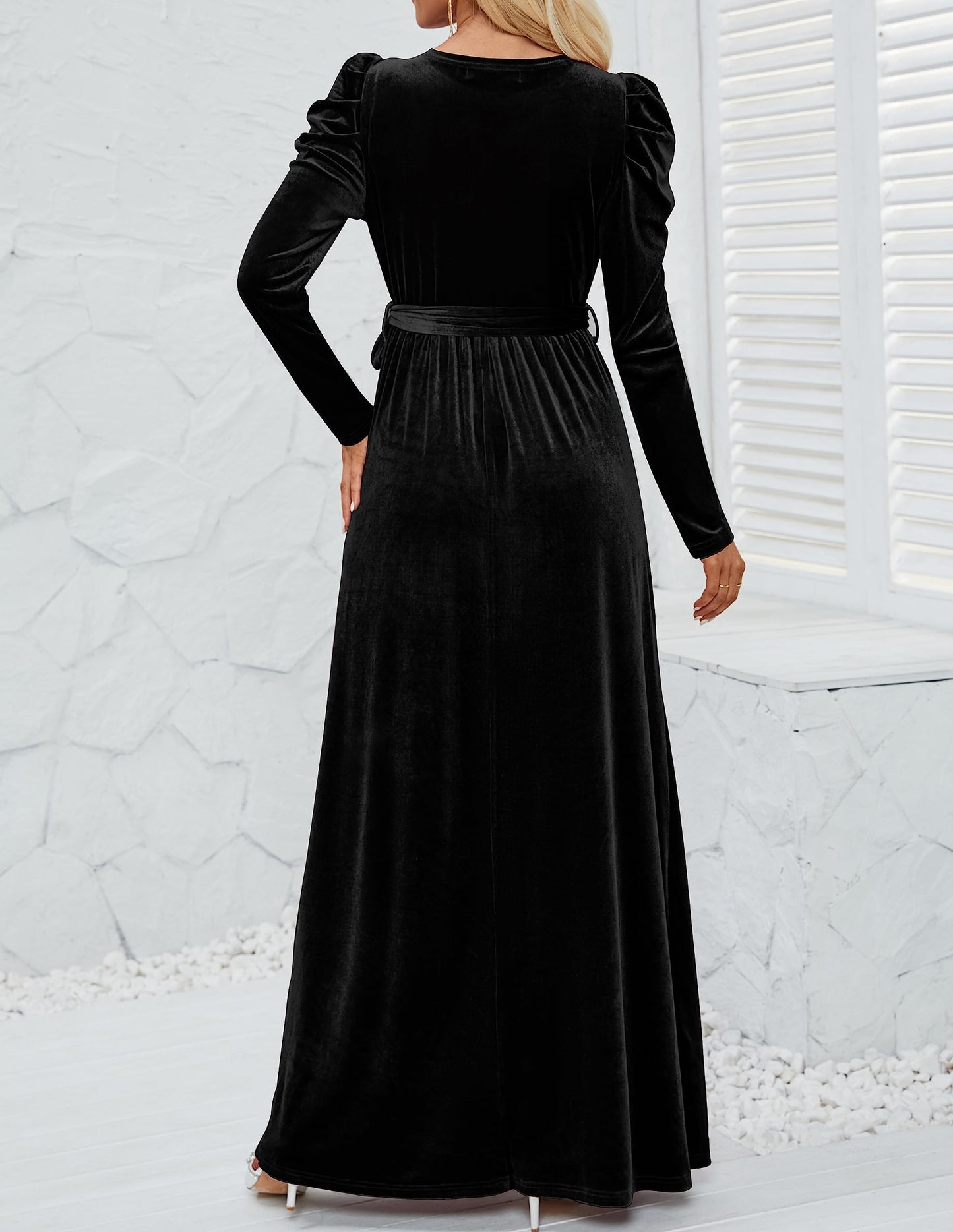 ZESICA Women's Velvet Maxi Dress with Puff Sleeves