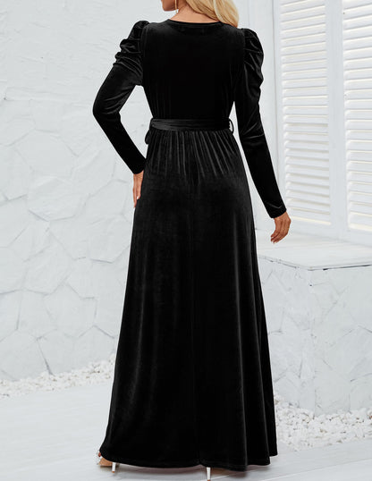 ZESICA Women's Velvet Maxi Dress with Puff Sleeves