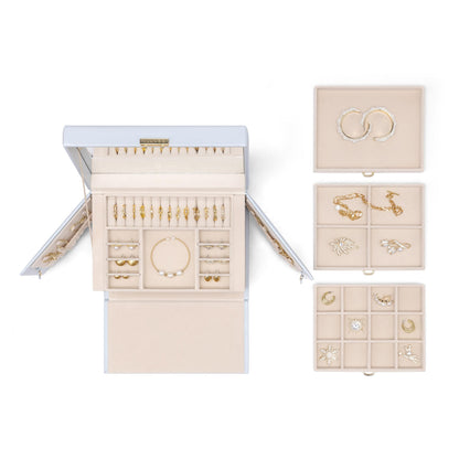 Vlando Lockable Jewelry Box Organizer with Key, 3-Tiered Storage Tray for Necklaces Earrings Rings Bracket Accessories Storage Display, Full HD-Mirror, Haze Blue