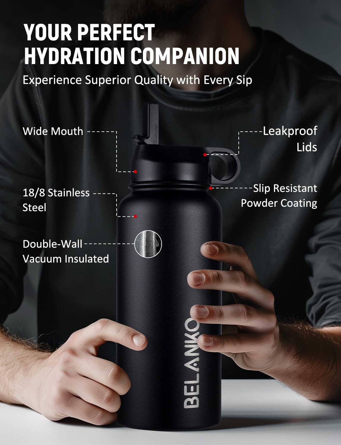 BELANKO 32 Oz Insulated Stainless Steel Water Bottle