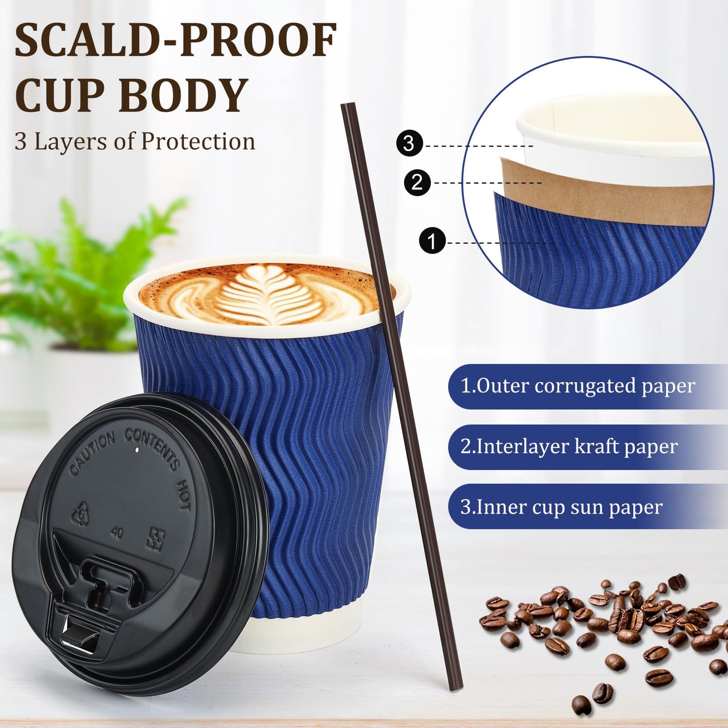 AIRE 100 Pack Disposable Coffee Cups with Lids 12 oz, To Go Coffee Cups with Lids & Straws, Insulated Paper Coffee Cups Hot Cups for Home, Office and Cafe-Blue