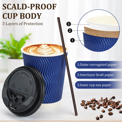 AIRE 100 Pack Disposable Coffee Cups with Lids 12 oz, To Go Coffee Cups with Lids & Straws, Insulated Paper Coffee Cups Hot Cups for Home, Office and Cafe-Blue