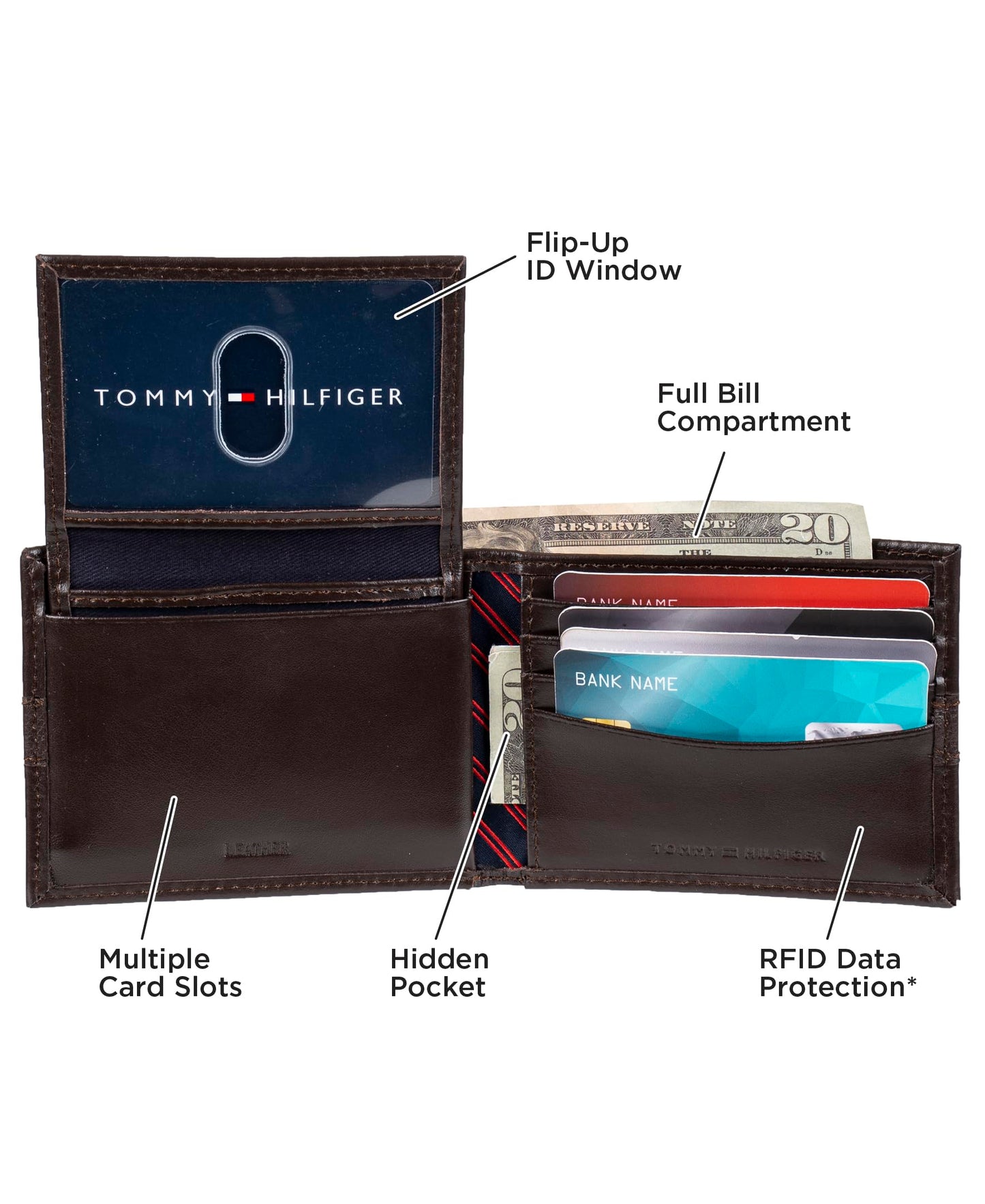 Tommy Hilfiger Men's Leather Wallet – Slim Bifold with 6 Credit Card Pockets and Removable ID Window, Casual Brown, One Size